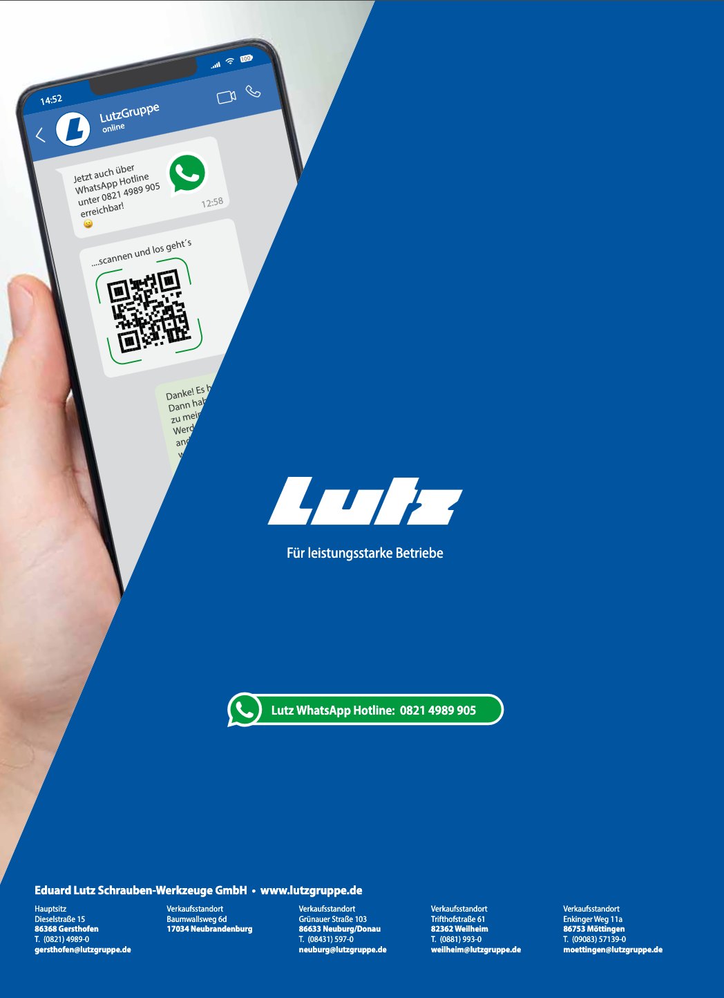 Rückseite des Lutz-Katalogs: die WhatsApp-Hotline der Lutz Gruppe auf einem Smartphone